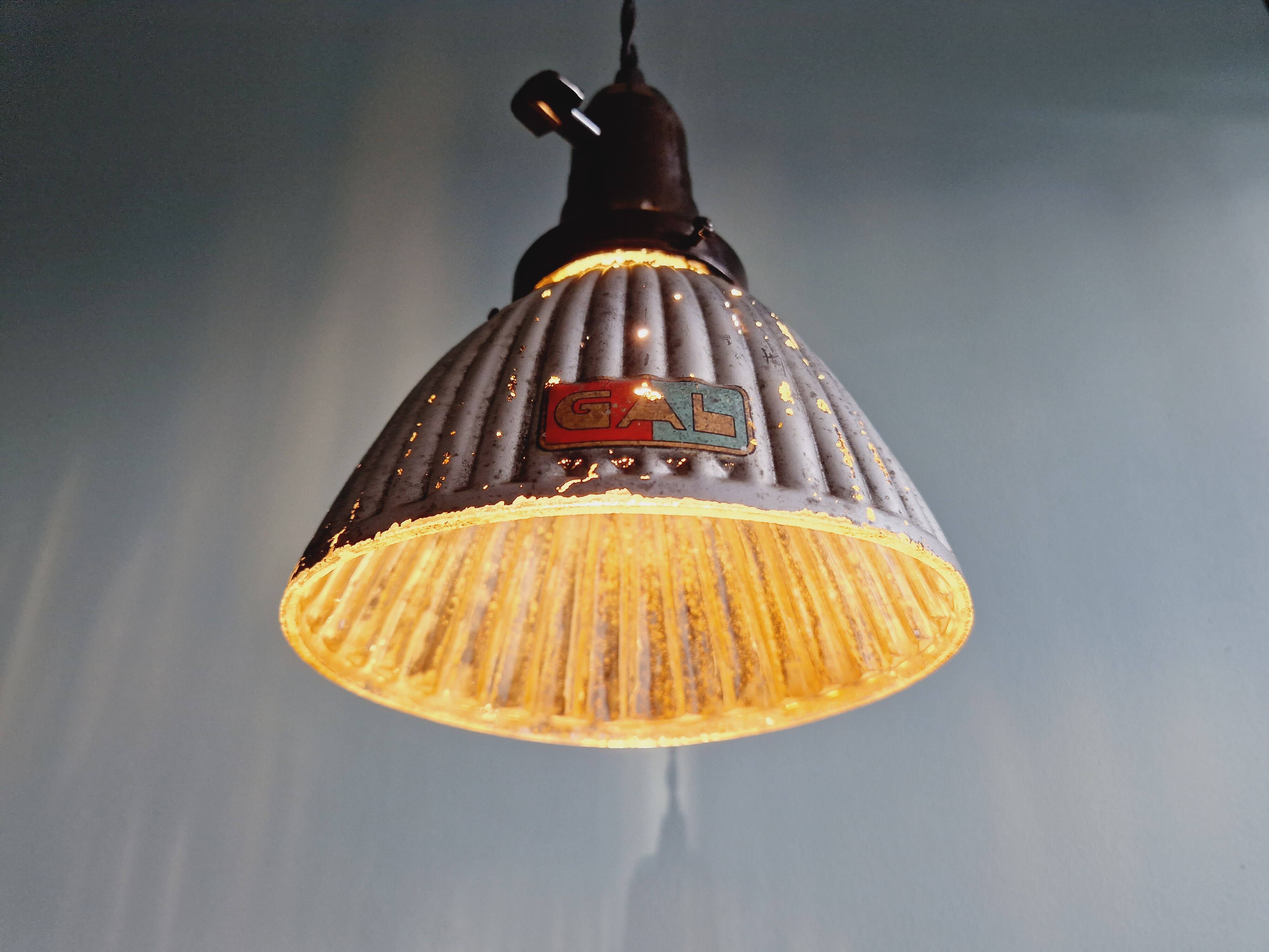 Set of 3 industrial mercury glass pendant lights, GAL (France), 1930s