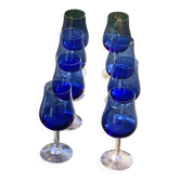 8 verres a porto ou apéritif en verre bleu cobalt et base transparente vintage