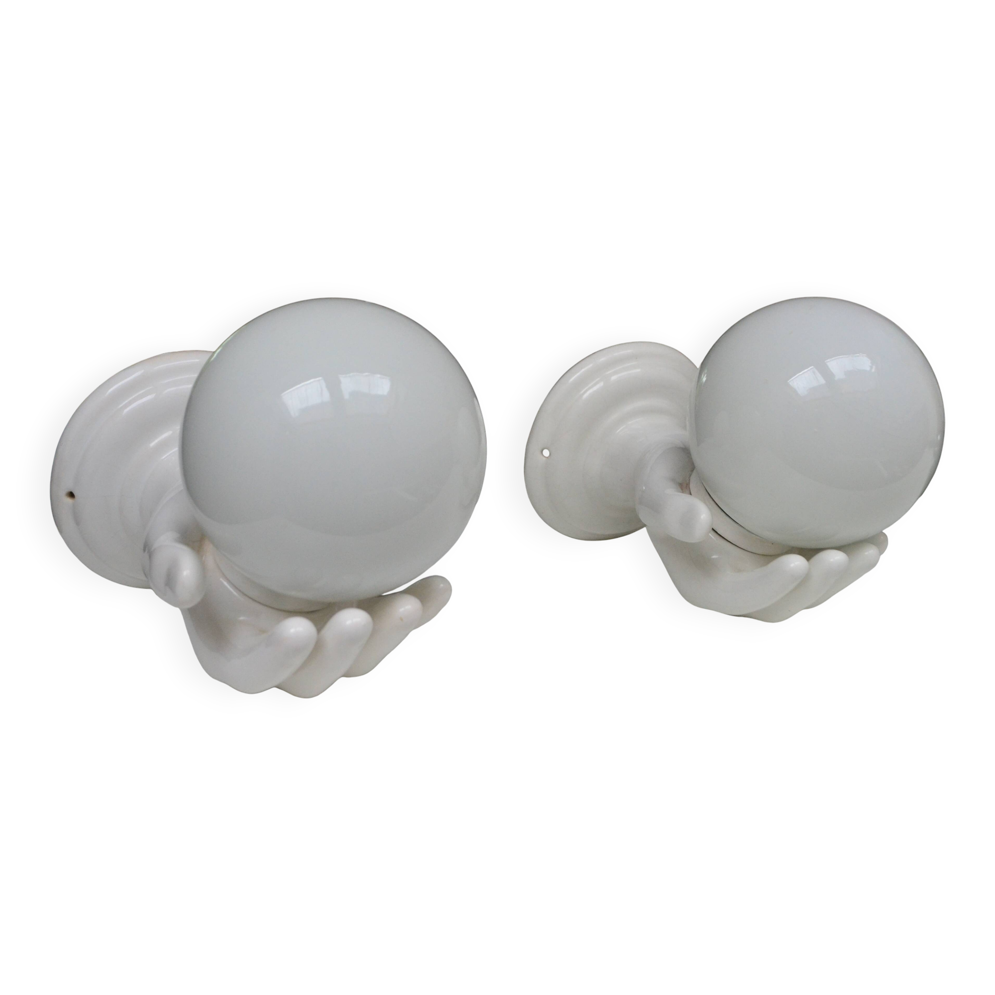 Pair of white ceramic wall lights from the 1970s.