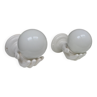 Pair of white ceramic wall lights from the 70s