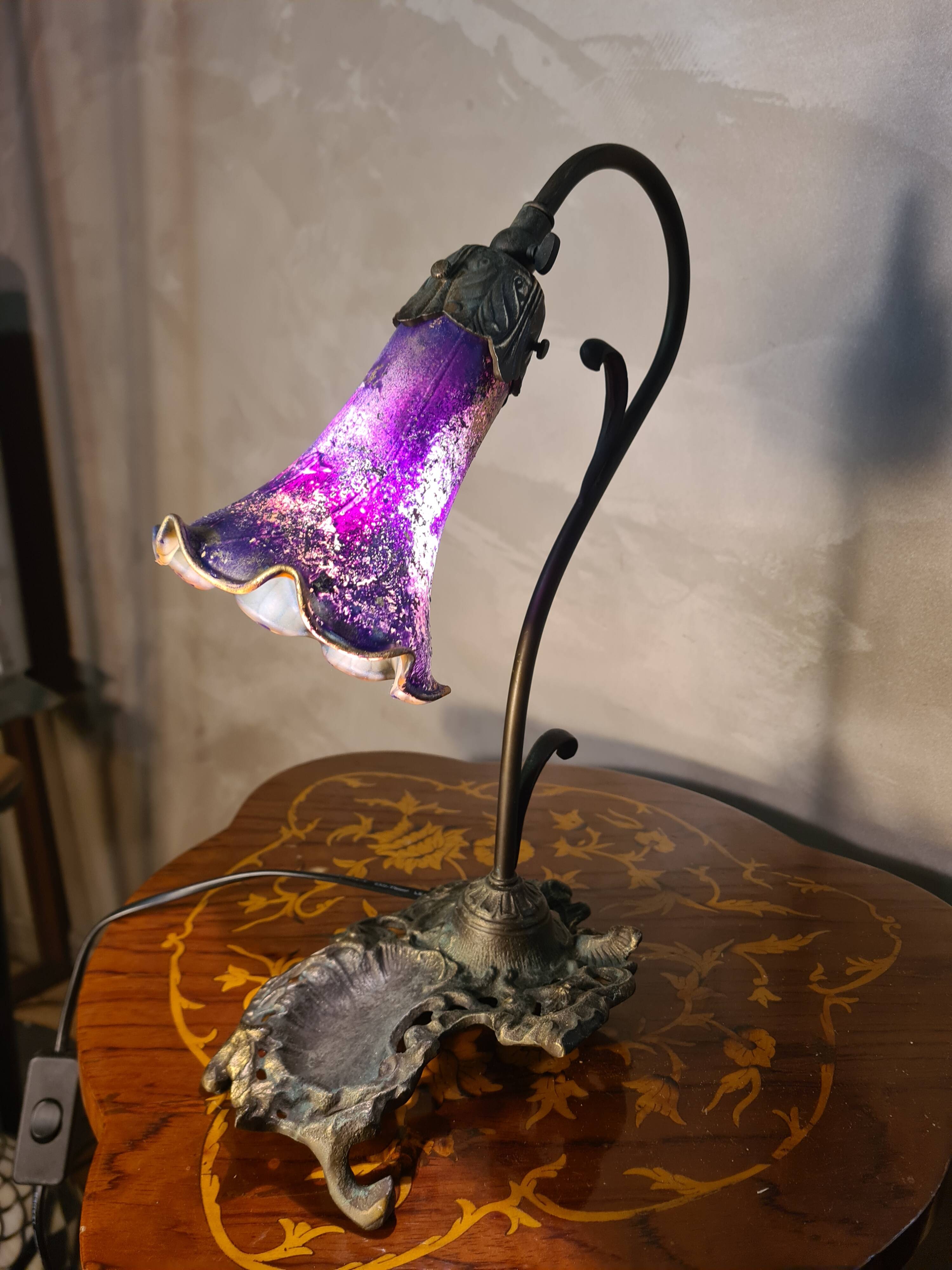 bronze patinated cast iron lamp with painted shade 38x24 art nouveau style