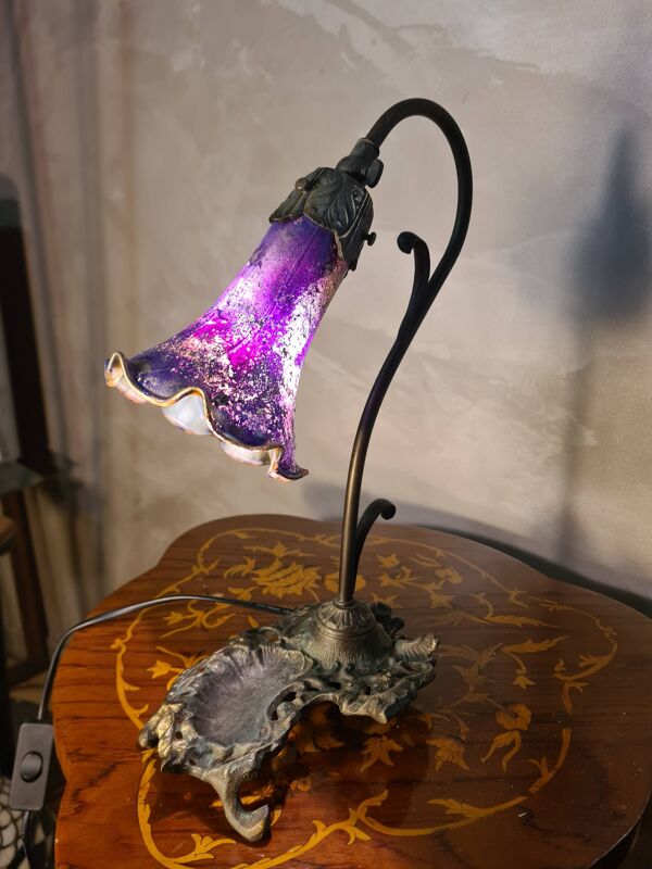 lampe fonte acier patiné bronze et tulipe peint 38x24 style art nouveau