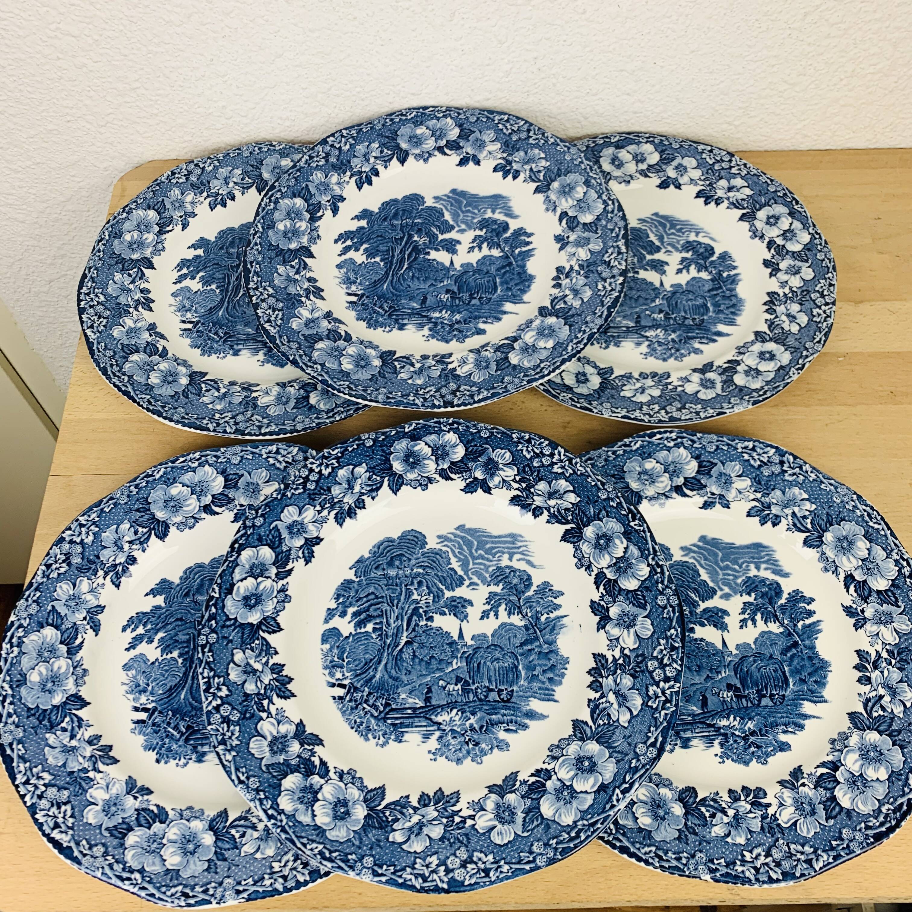 6 Wedgwood Woodland dinner plates blue