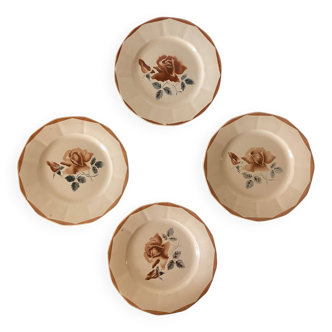 4 assiettes Digoin rose clair, avec motif au pochoir brun & bleu : roses