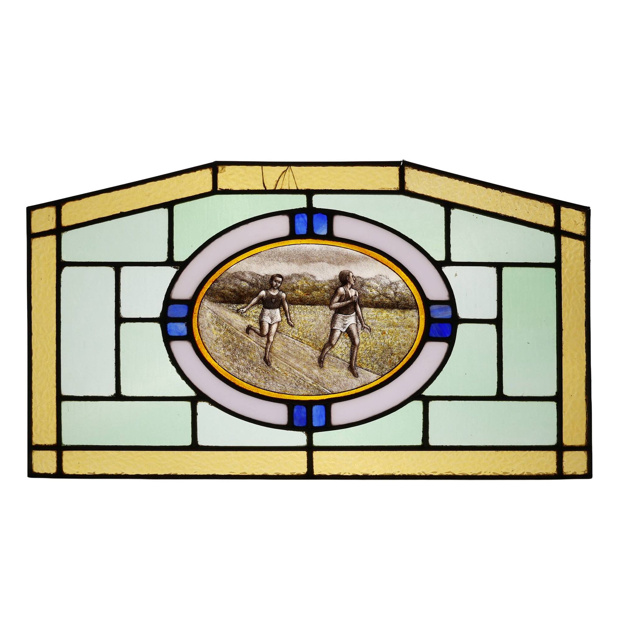 Art Deco Stained Glass Panel Depicting Runners in Motion, Belgium ca. 1910