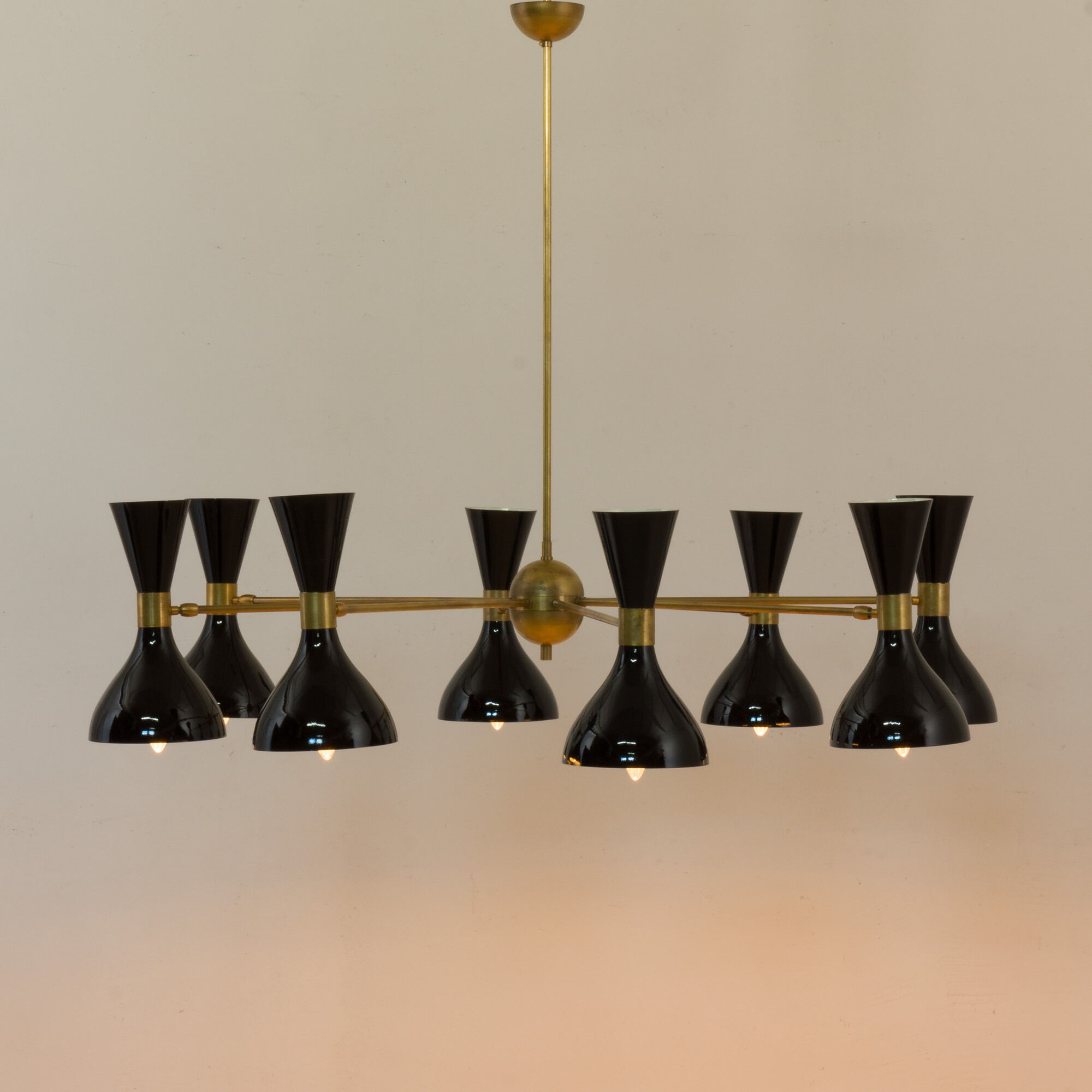 8 arms Italian chandelier with diabolo shades in Stilnovo style