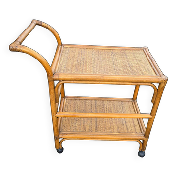 Rolling dessert trolley in rattan and caning from the 60s-70s.