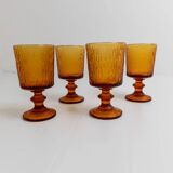Lot of 4 vintage wine glasses from the 1970s, textured amber on a stem, design by Timo Sarpaneva for Iittala.