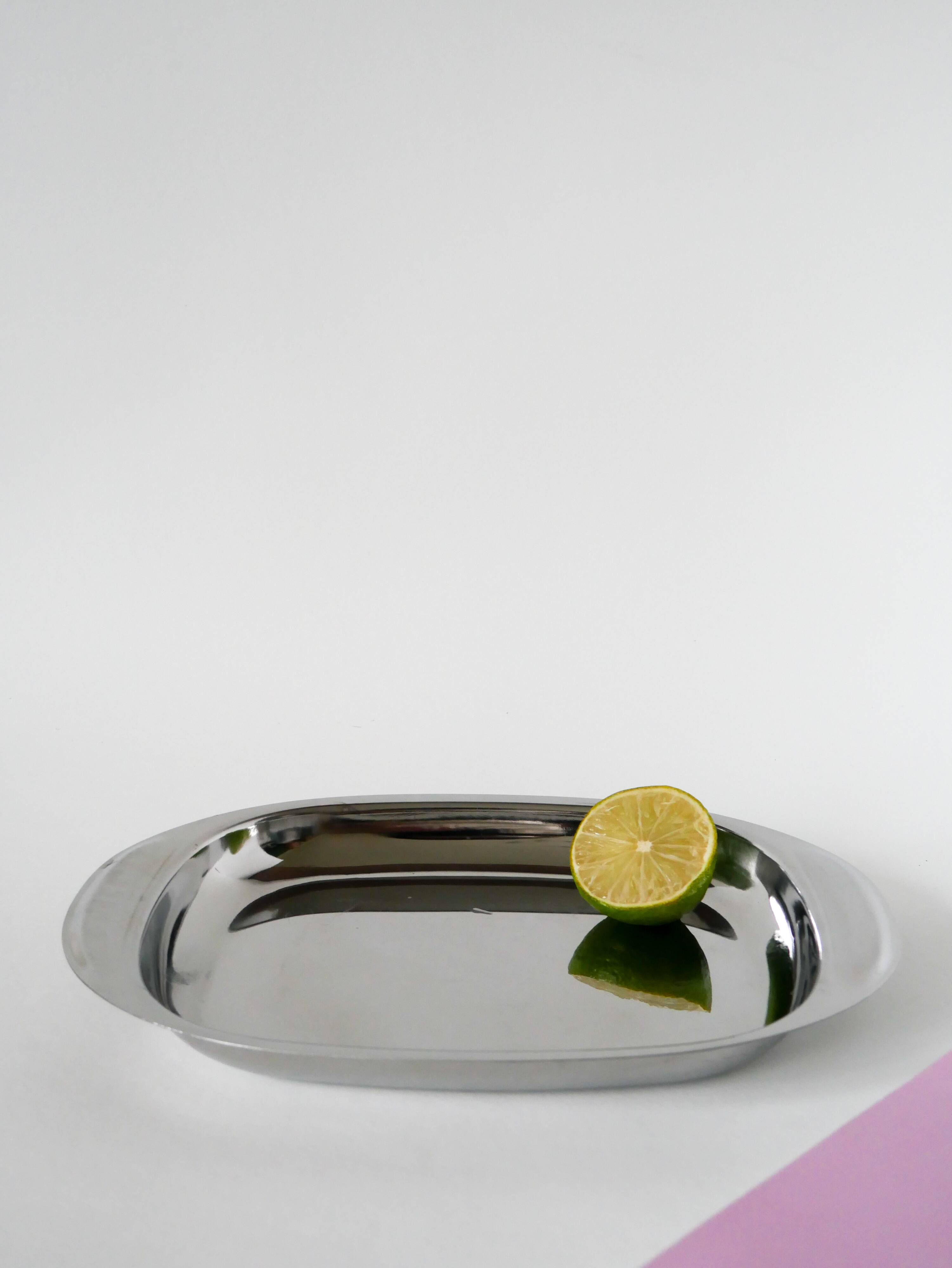 Rectangular stainless steel dish, rounded edges Design, 1970