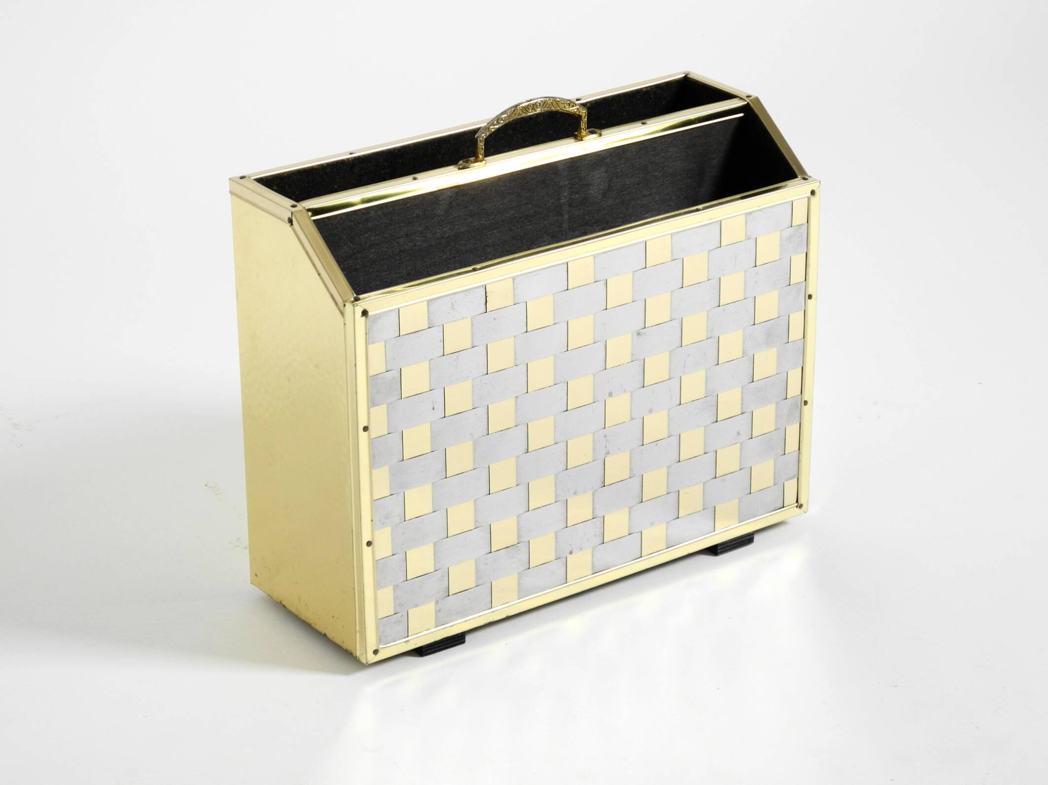 1980s newspaper rack made of brass and wood in Hollywood Regecy design