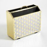 1980s newspaper rack made of brass and wood in Hollywood Regecy design