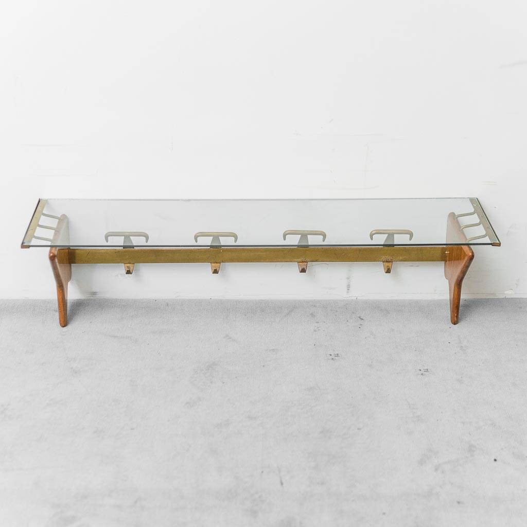 Wall coat rack in wood and glass, 1950s vintage modernism