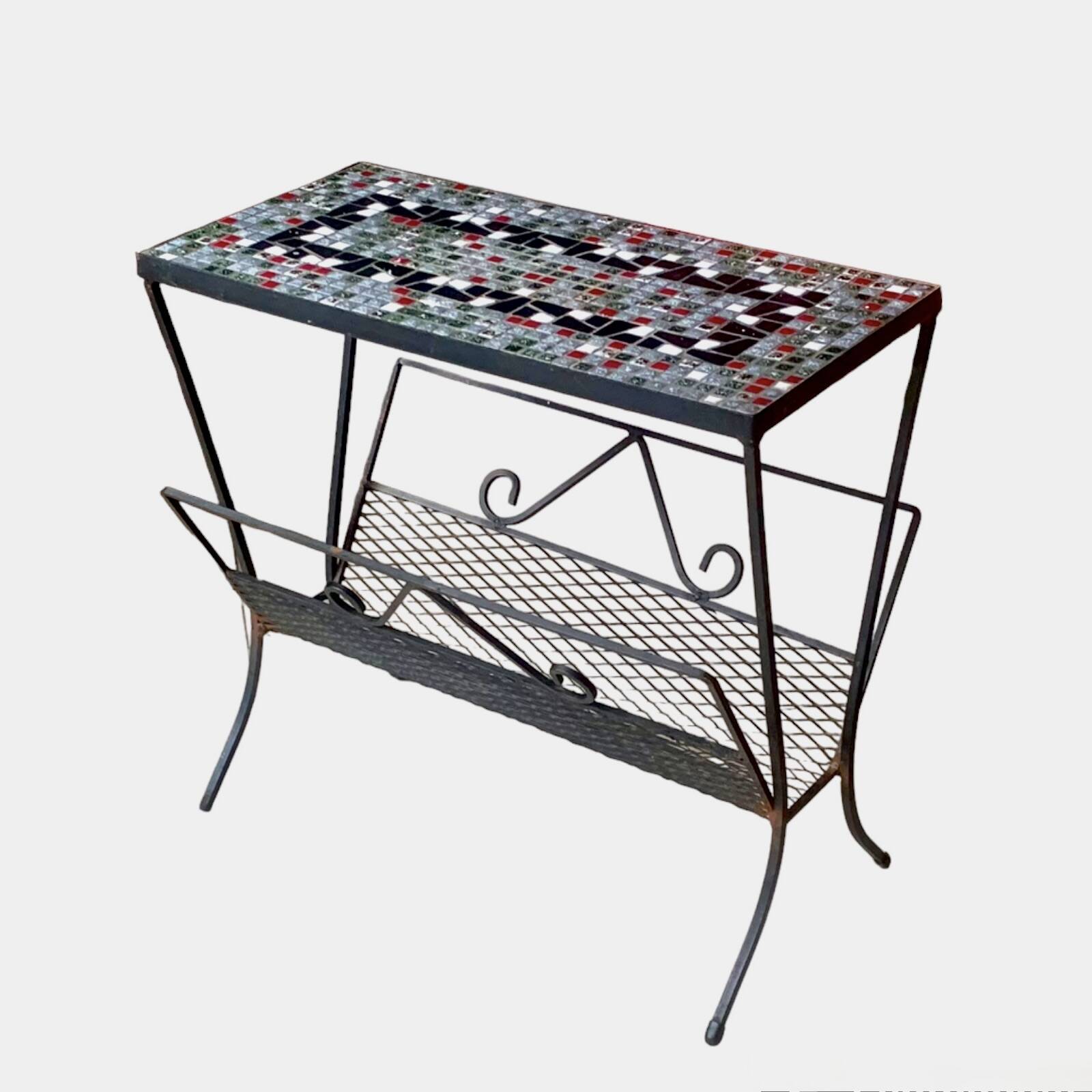 Vintage side table and magazine rack in wrought iron and ceramic tiles
