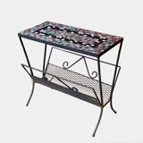 Vintage side table and magazine rack in wrought iron and ceramic tiles