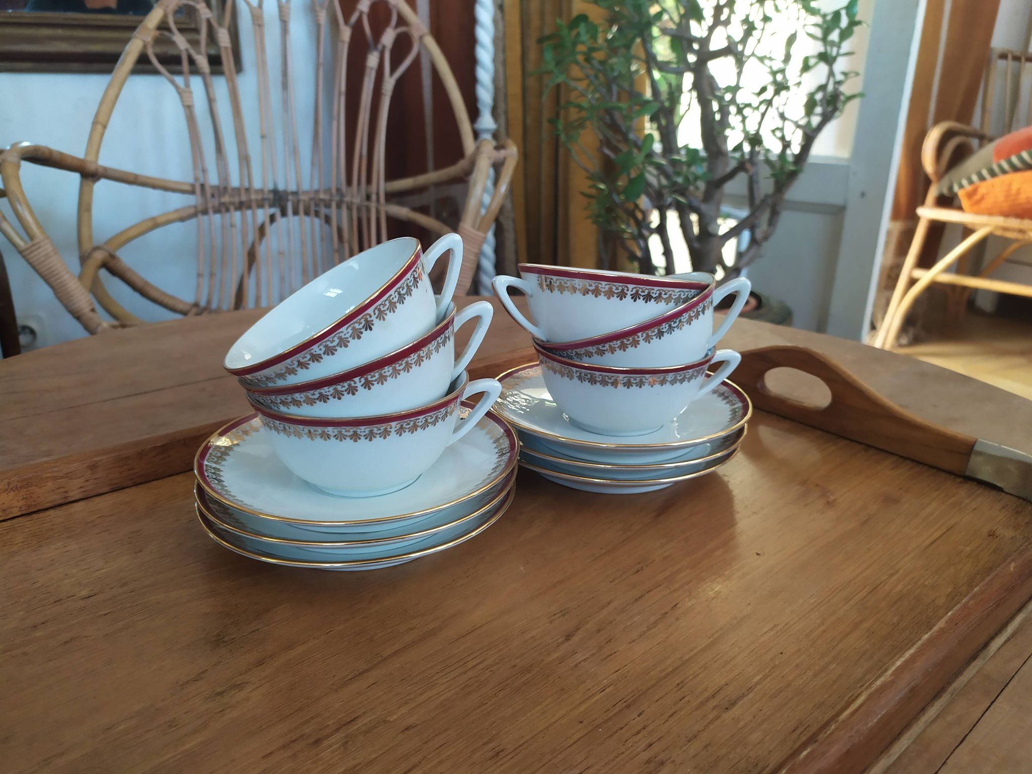 6 Pillivuyt pink and gold porcelain coffee cups