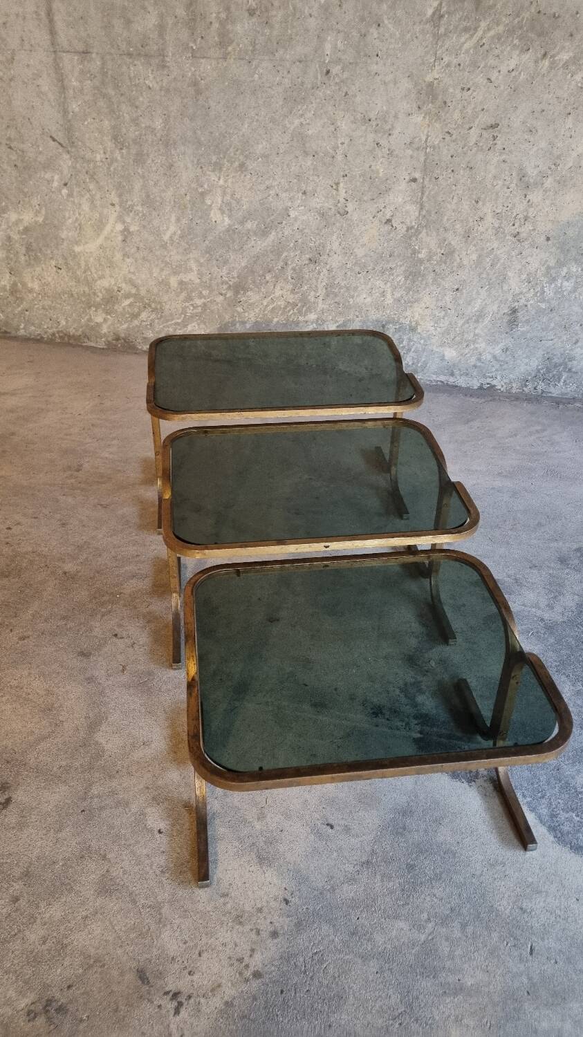 3 nesting tables in brass and glass