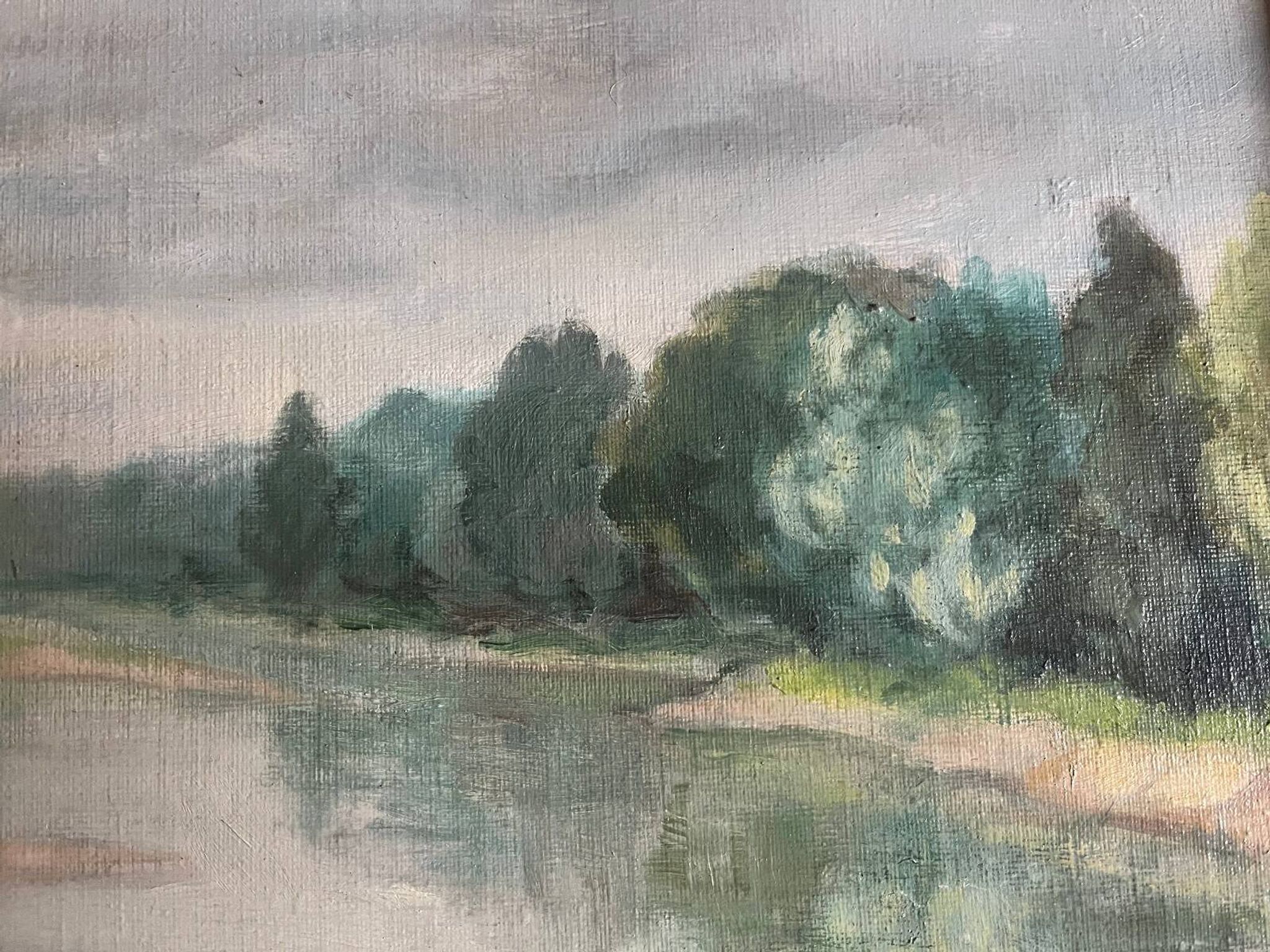 Tableau HST "Tree-lined riverbank" signed early 20th century