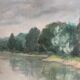 Oil painting on canvas, "Tree-lined Riverbank," signed, 20th century