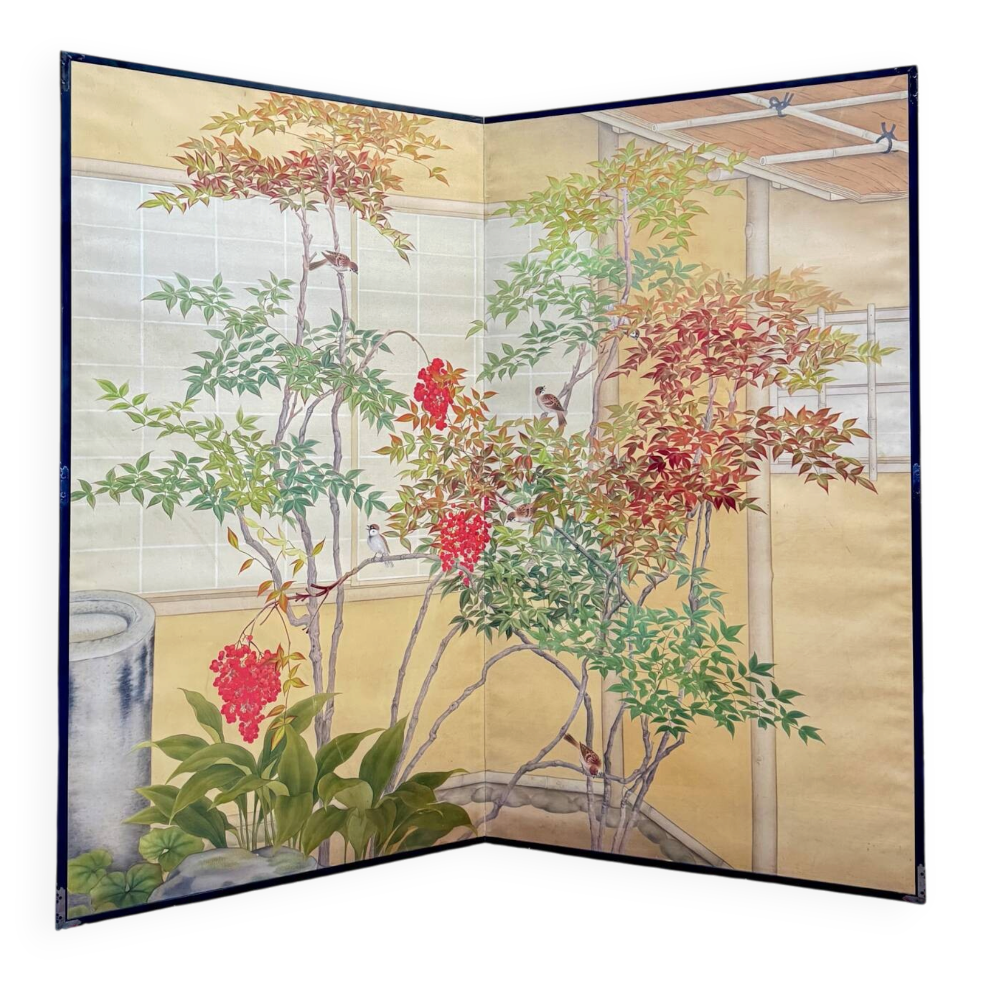 Two-panel screen with a decoration of plants and birds, Japan.