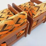 Pair of vintage walnut and velvet fabric sleigh armchairs from the 70s