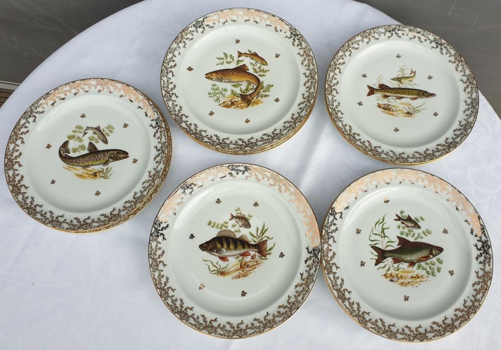 Set 12 plates porcelain gold fine fish fern limousine de Chastagner