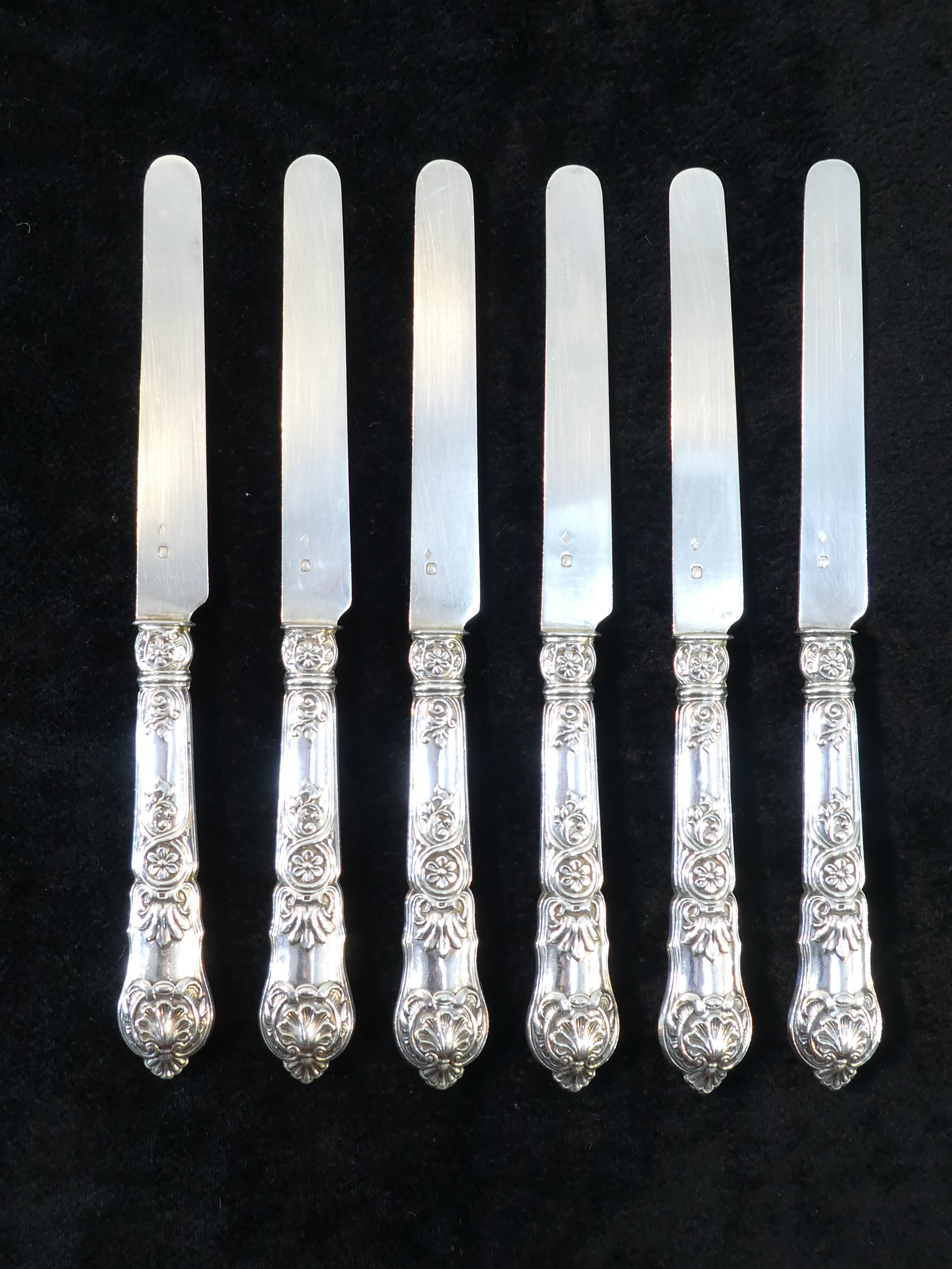 6 dessert knives blade and handle in sterling silver