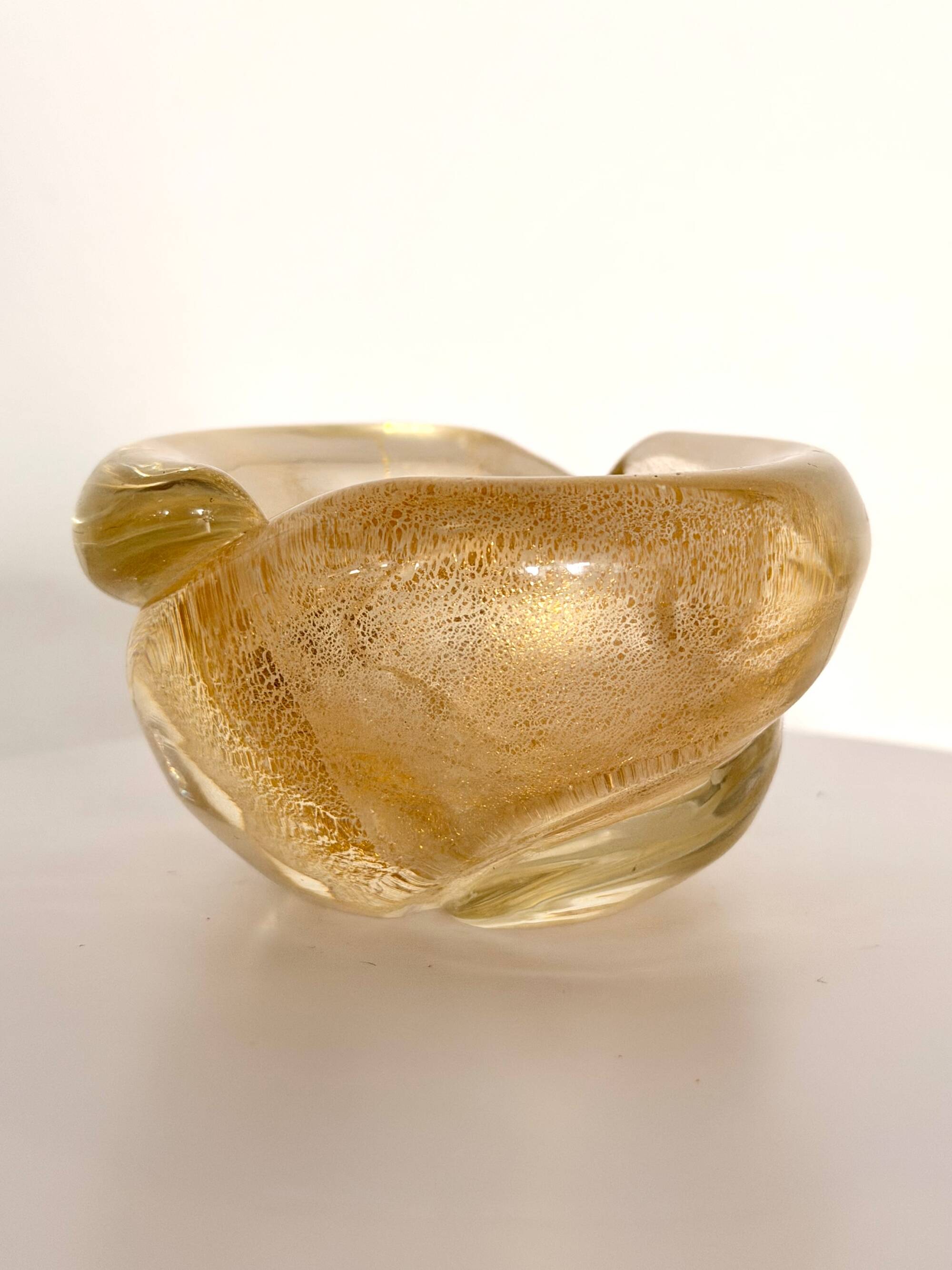 Vintage Thick Murano Glass Ashtray - Catchall with Gold Leaf, Italy