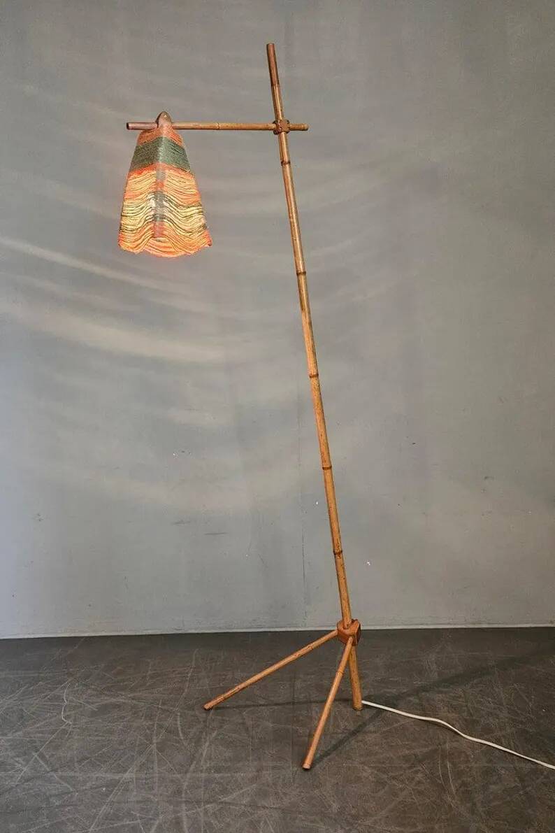 Rare Midcentury Floor Bambnoo and String Lamp, 1960s