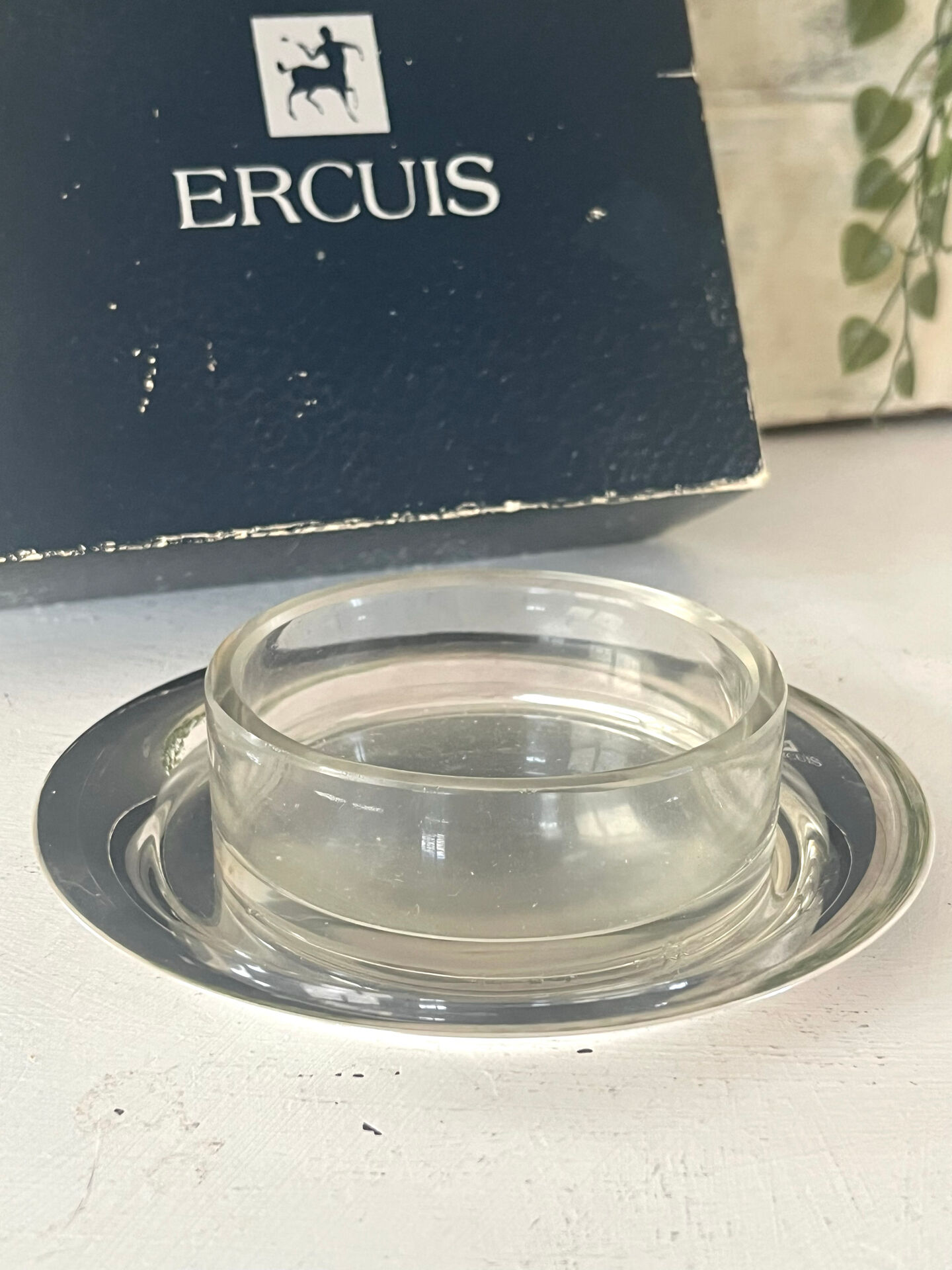 Silver plated butter dish with crystal insert by Ercuis, original box