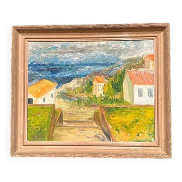 Original Swedish Oil on Panel - "Coastal Landscape with House" - Indistinct Signature - Vintage and Framed - 40 x 48 cm (15.7" x 18.9")