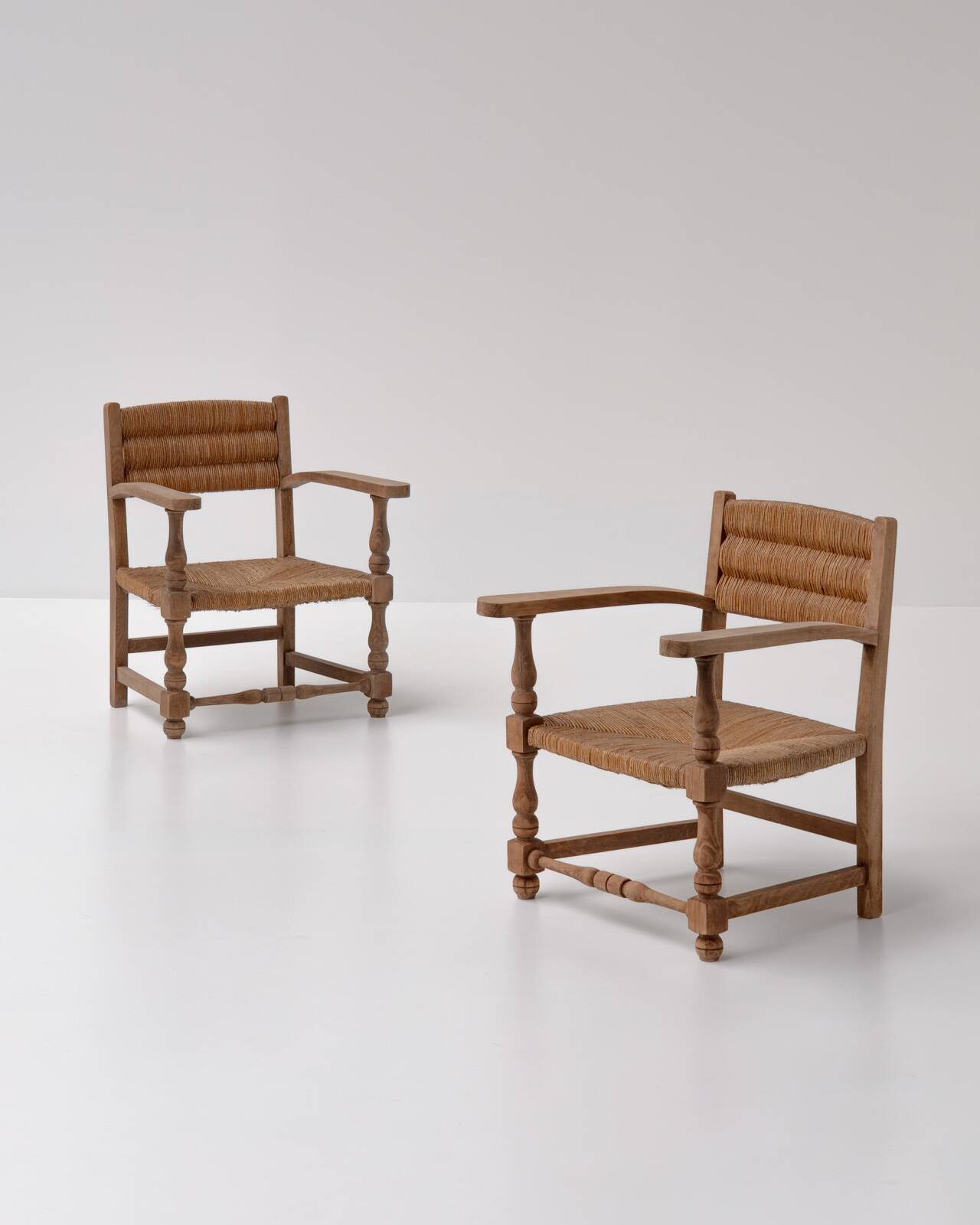 Pair of Rustic French Oak & Rush Armchairs, 1950s