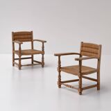 Pair of Rustic French Oak & Rush Armchairs, 1950s