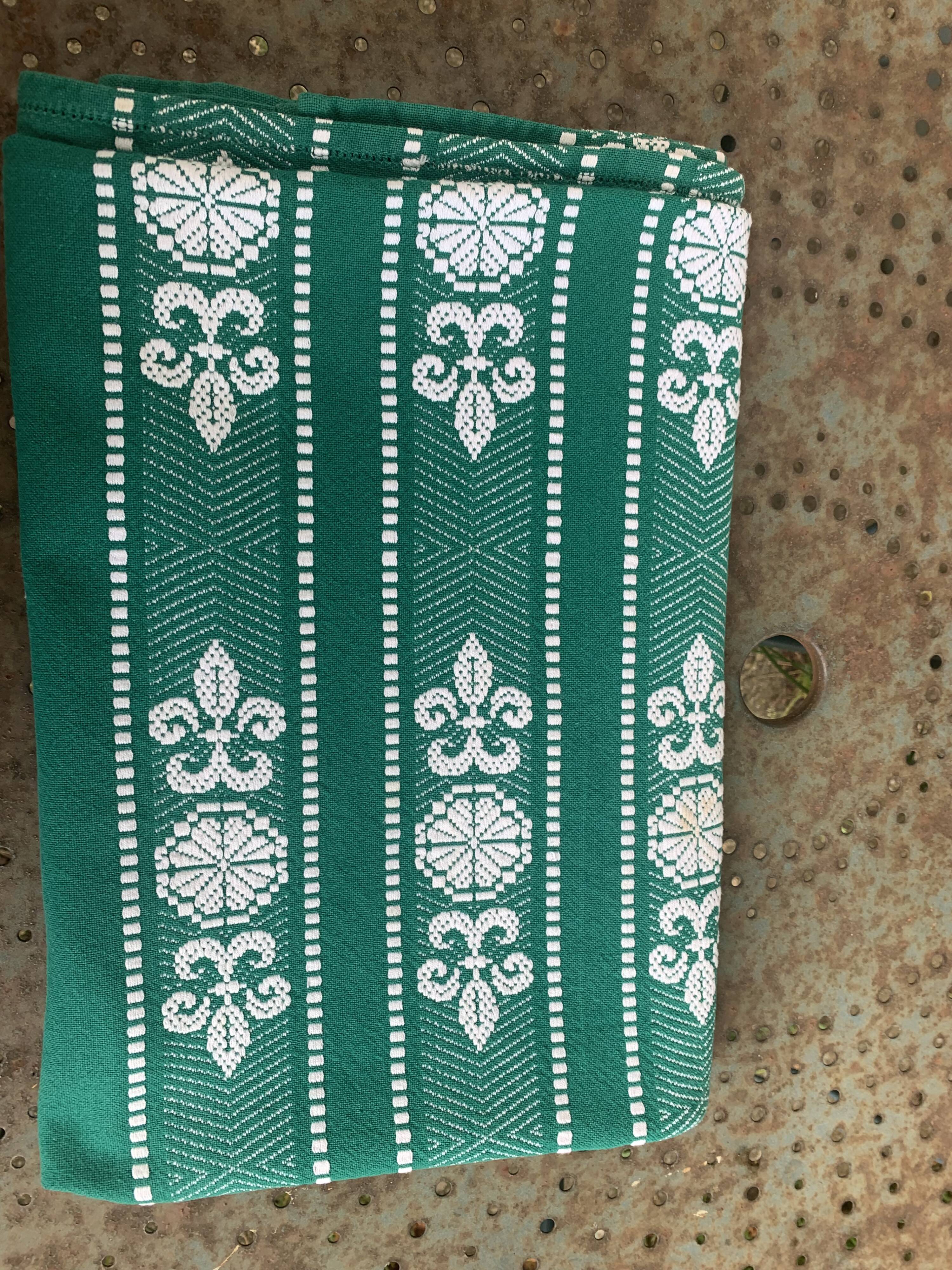 Helena Biarritz tablecloth, made in France, Basque linen, green with white embroidery, Vintage