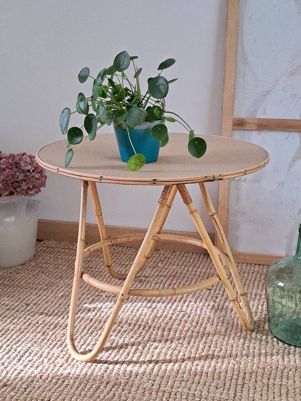Vintage round bamboo and rattan table