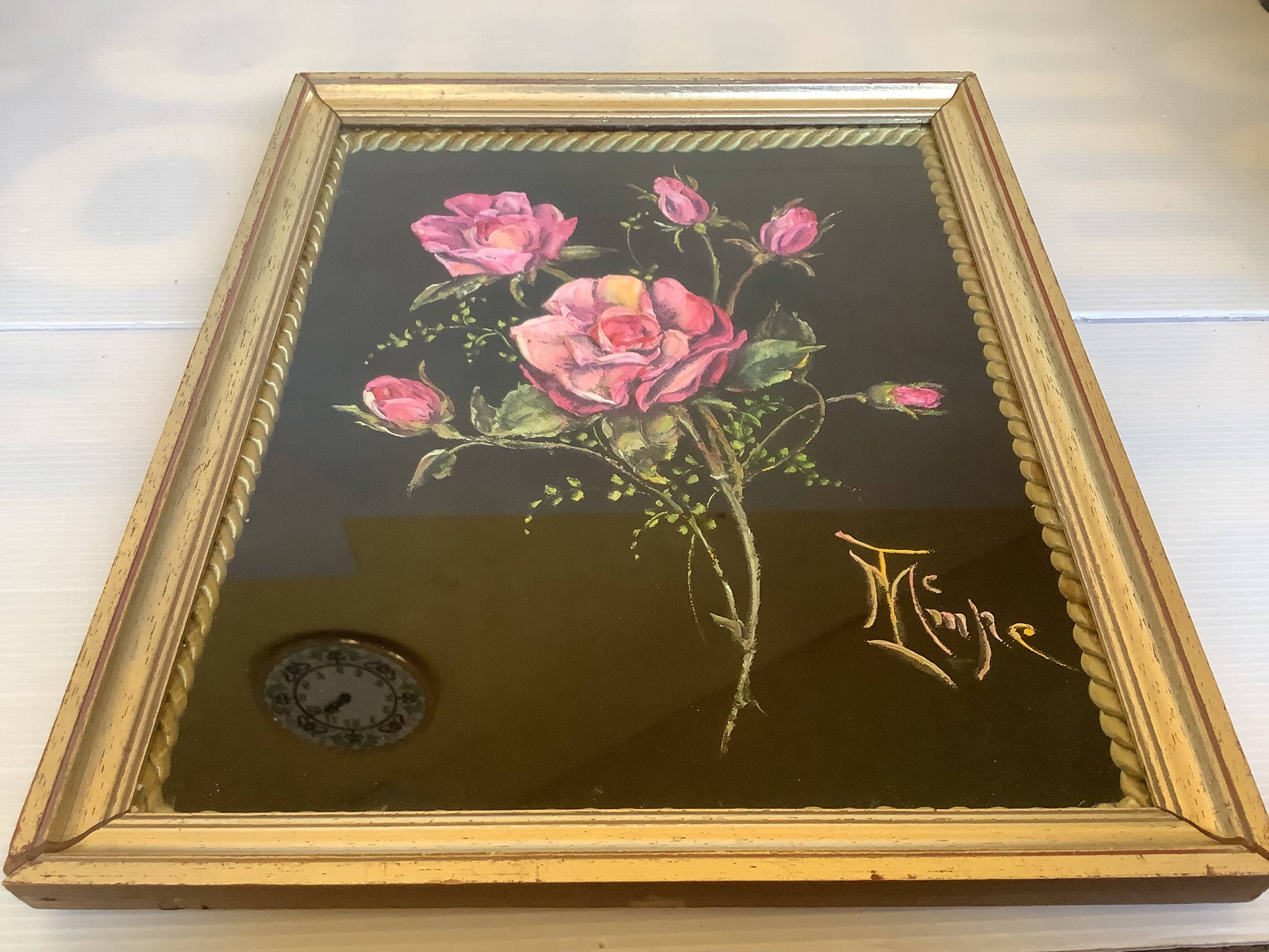 Tableau bouquet de fleurs peint sur velours signée