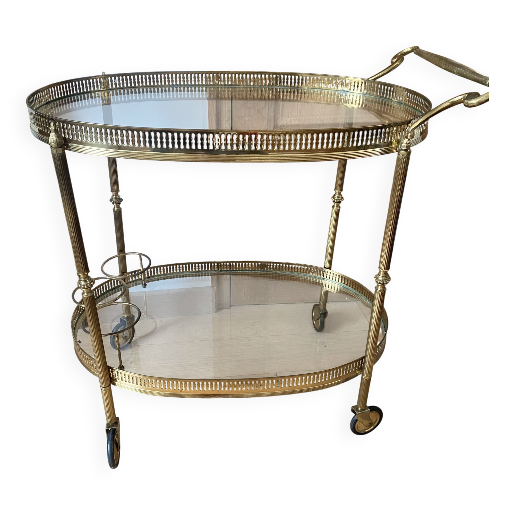 Oval golden brass rolling dessert trolley, Maison Jansen style, 1960s.