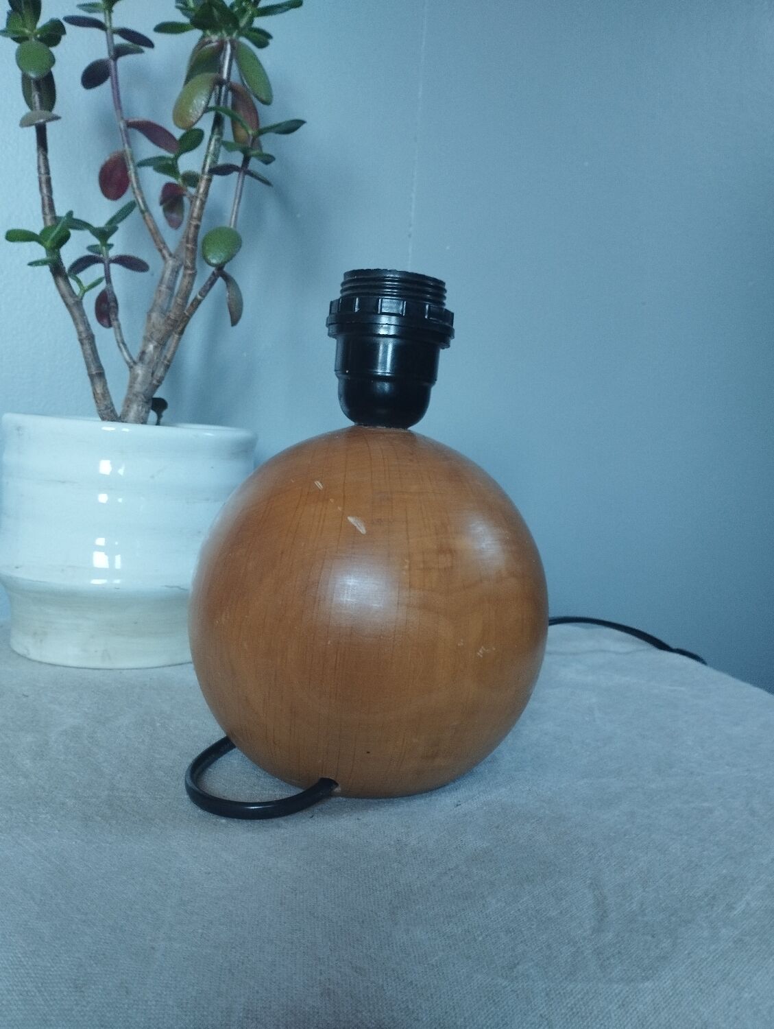 Table lamp foot ball light wood, lampshade ecru paper, 1970's