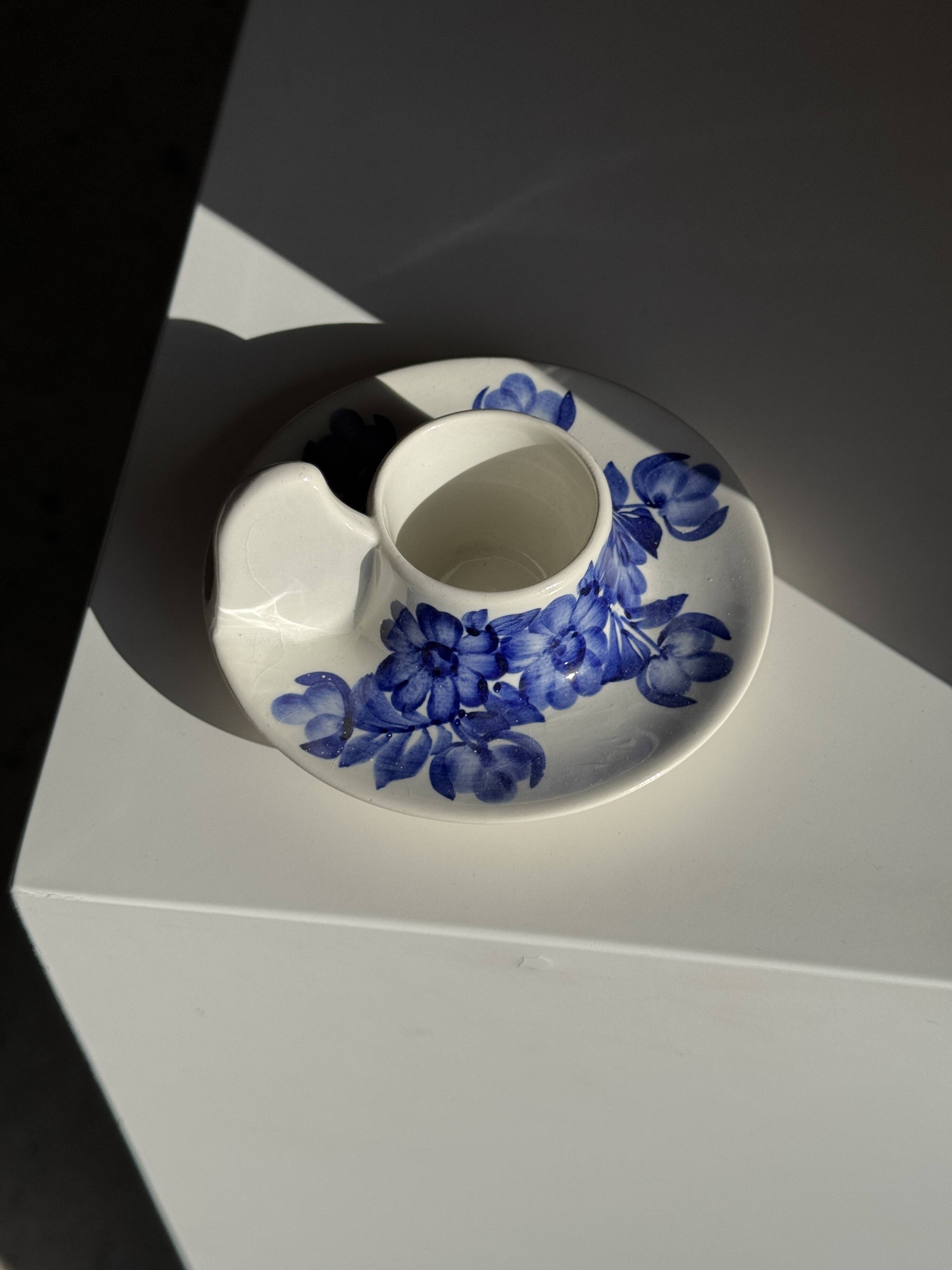 Vintage blue and white hand-held egg cup Poland D13