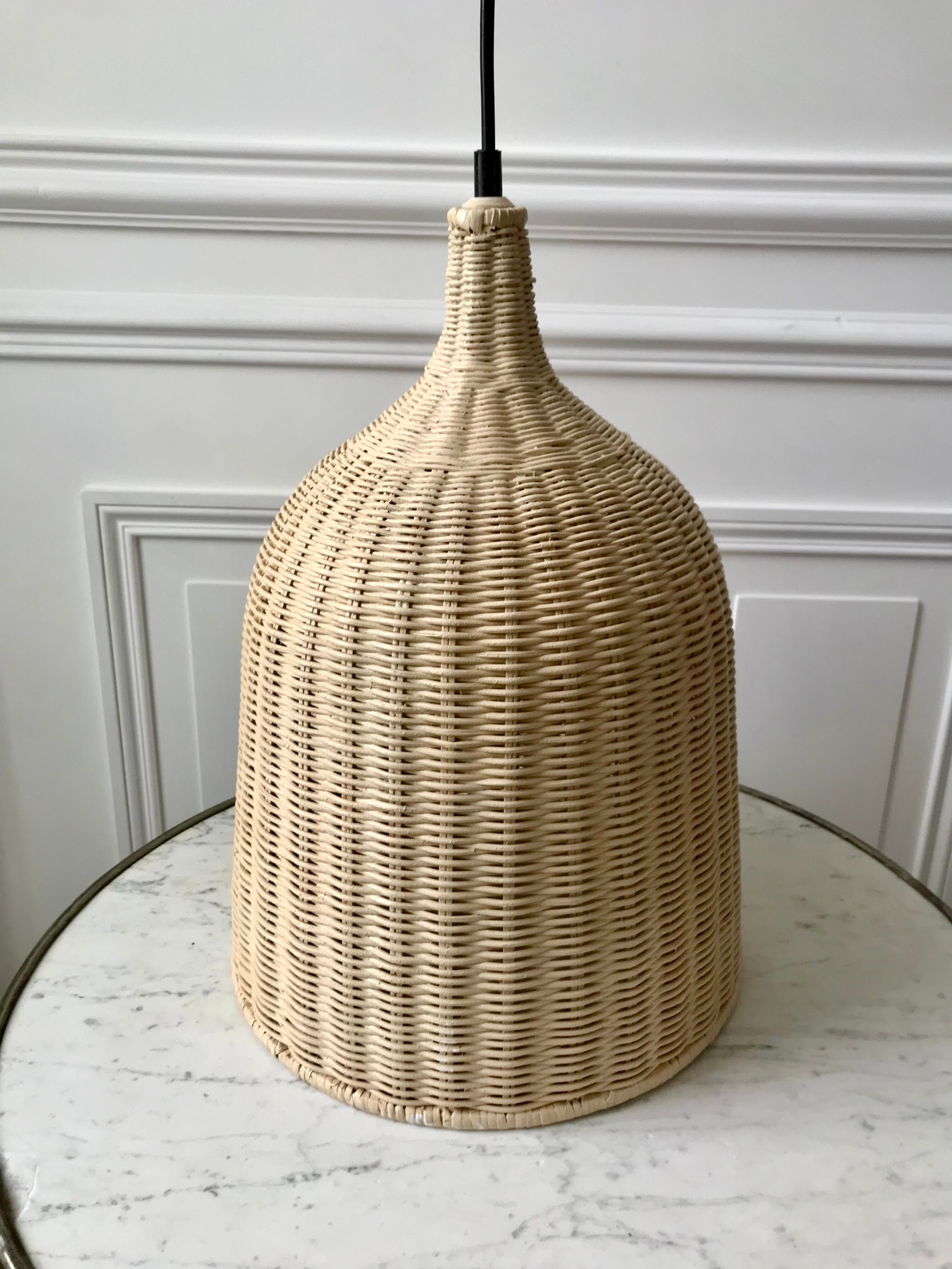 Vintage brushed rattan pendant lamp 80s