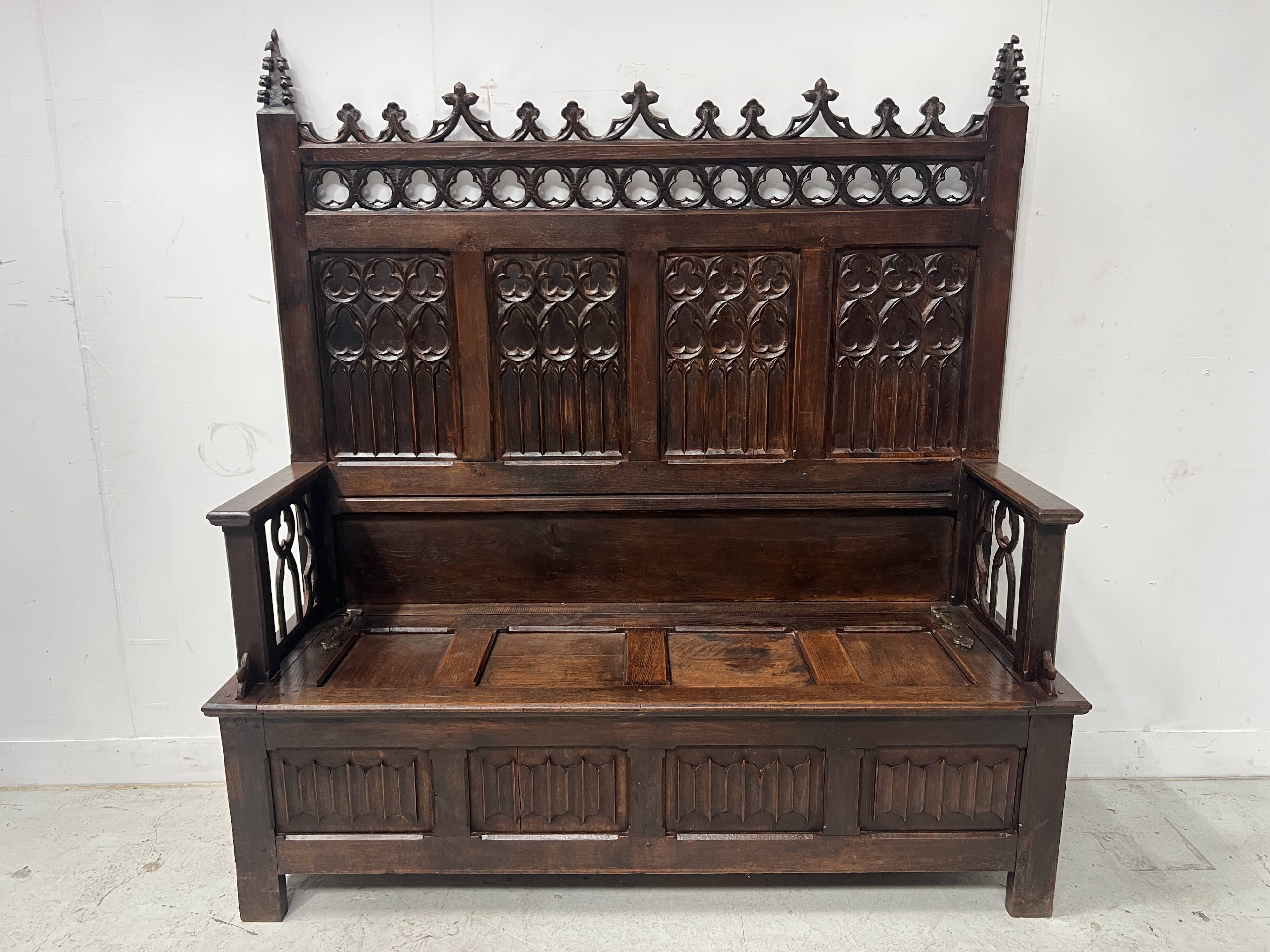 Gothic style carved oak chest bench, 19th century