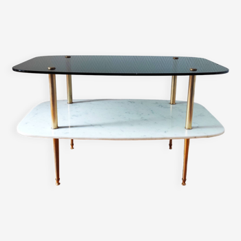 Table basse vintage 1960 verre et marbre
