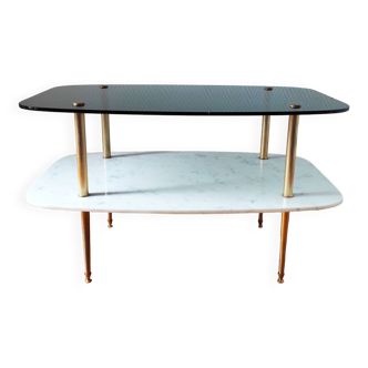 Table basse vintage 1960 verre et marbre