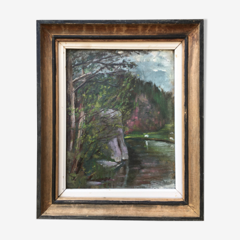 Landscape painting gorge at the river