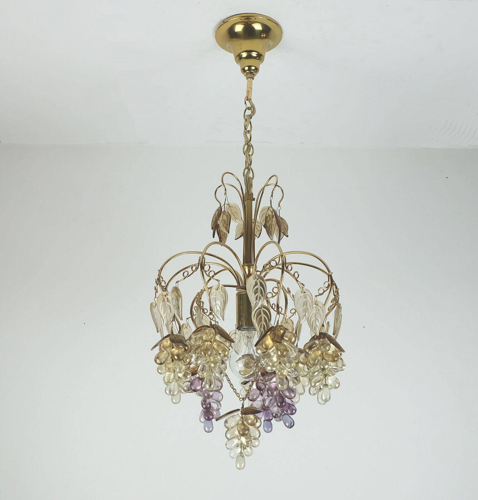 Very rare palwa mid century chandelier 1970s crystal glass and gilt brass grapes and leaves