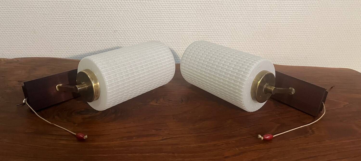Pair of brass, wood and opaline glass wall lights from the 60s