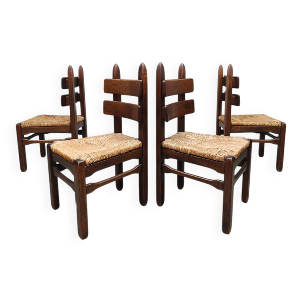 Chaises de salle à manger brutalistes en jonc vintage du milieu du siècle Charles Dudouyt 1940