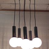 Cascade suspension with 5 chrome metal lights and opaline globes - 1970s