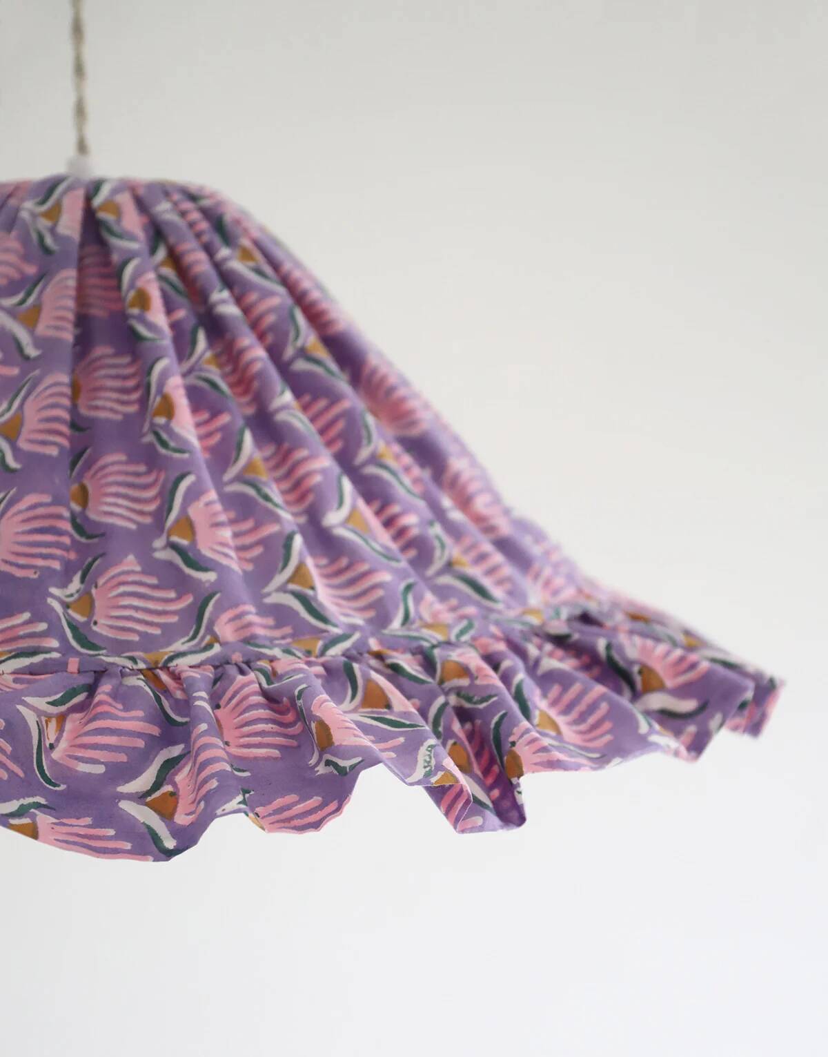 Emilia "purple shell flowers" conical textile suspension with flounce