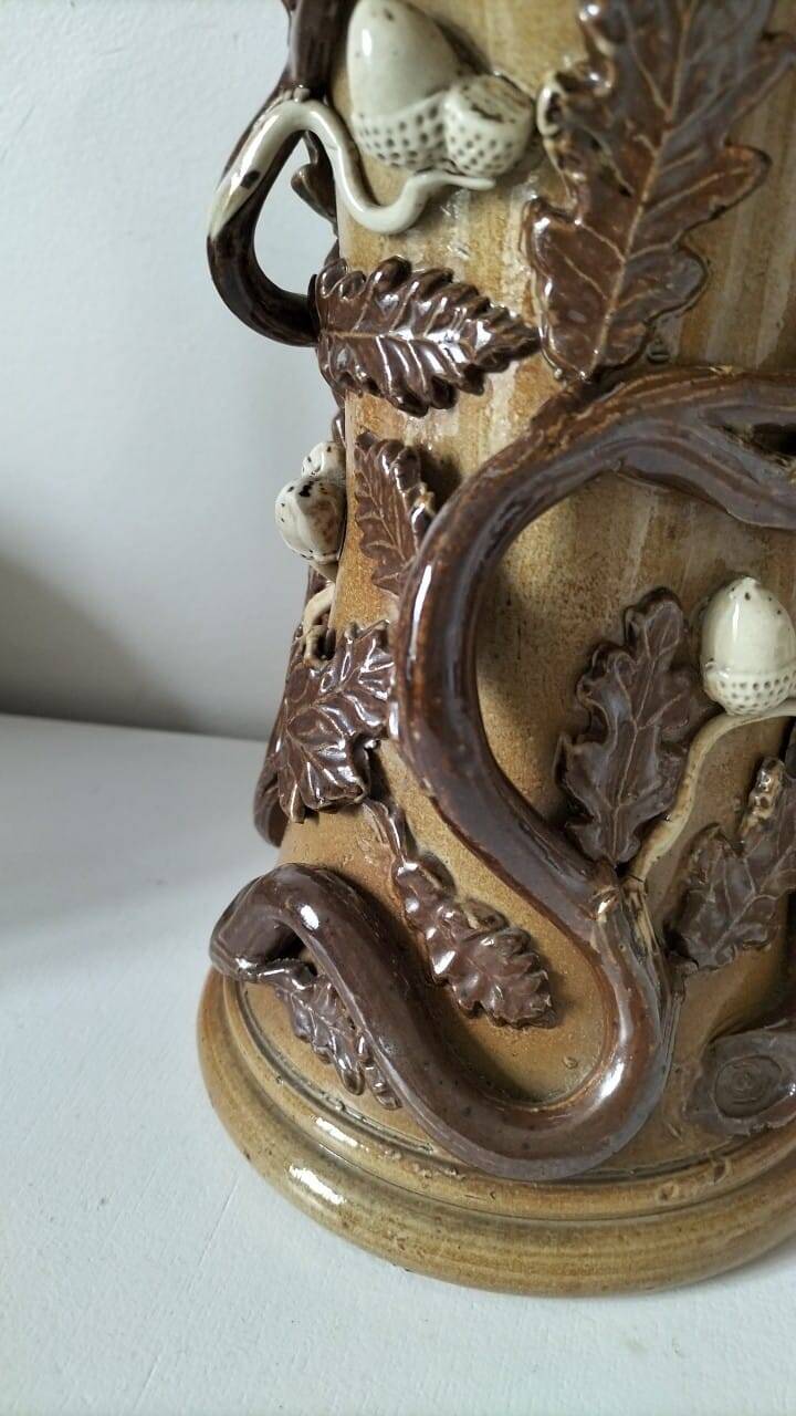 Duo of naturalistic stoneware vases – oak branches & acorns in relief