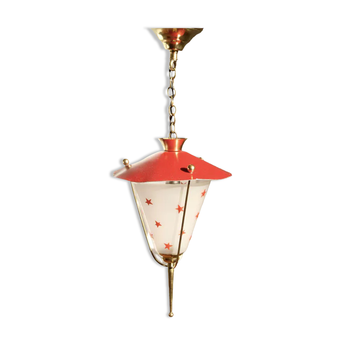 Suspension lamp in brass and red Rockabilly metal.